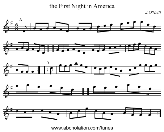 the First Night in America - staff notation