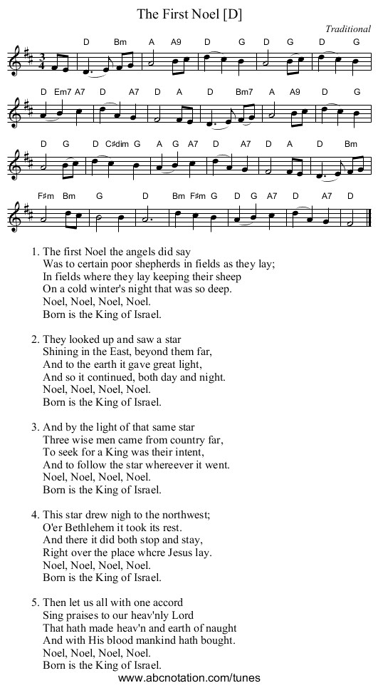 The First Noel [D] - staff notation