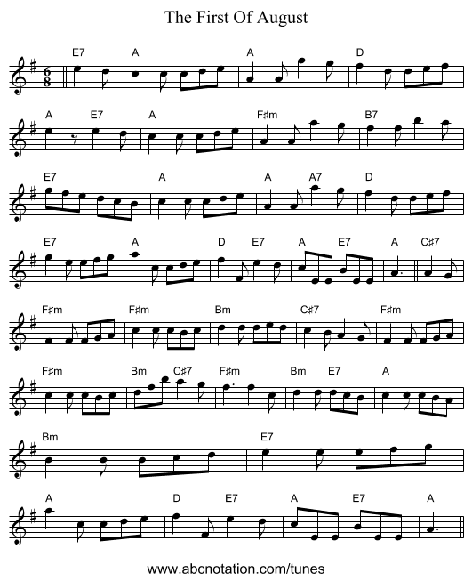 The First Of August - staff notation