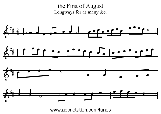 the First of August - staff notation