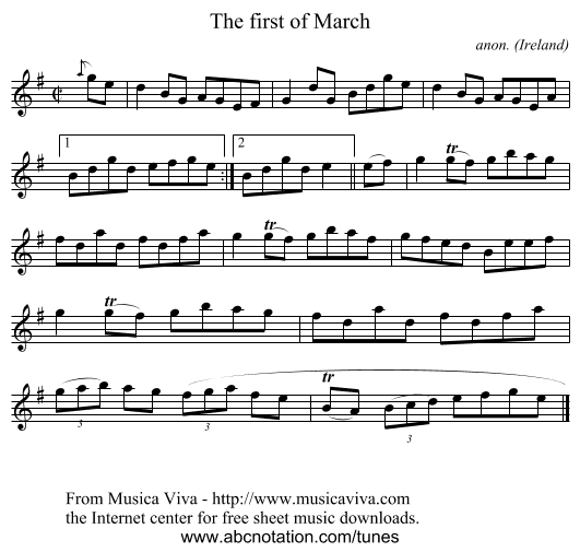 The first of March - staff notation