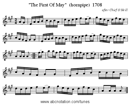 The First Of May (hornpipe) 1708 - staff notation