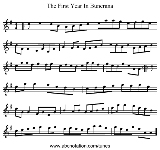 The First Year In Buncrana - staff notation