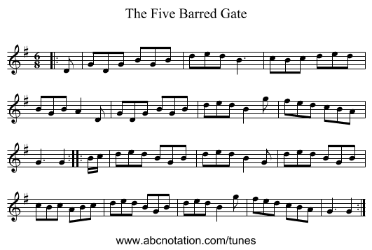 The Five Barred Gate - staff notation