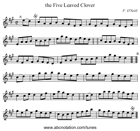 the Five Leaved Clover - staff notation
