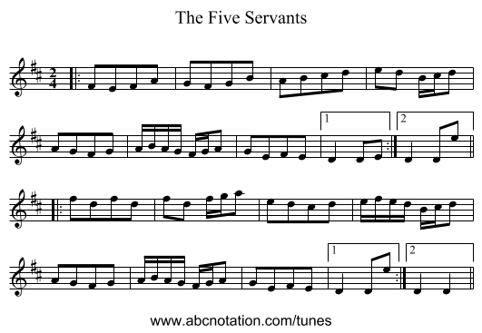 The Five Servants - staff notation