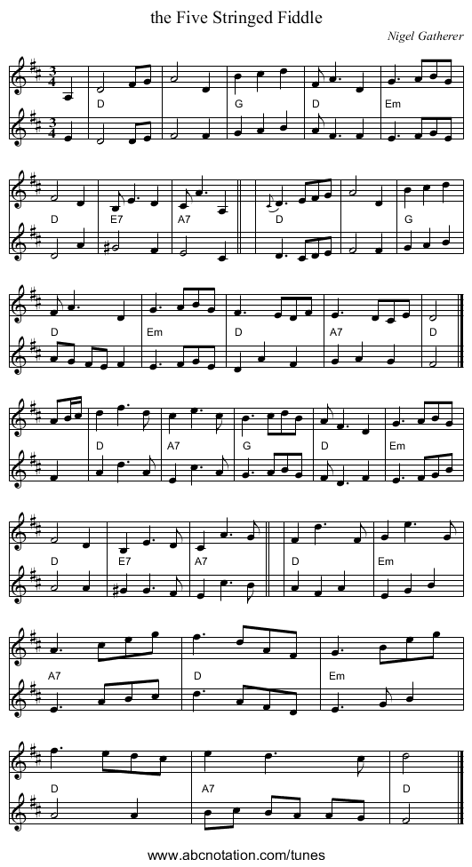 the Five Stringed Fiddle - staff notation