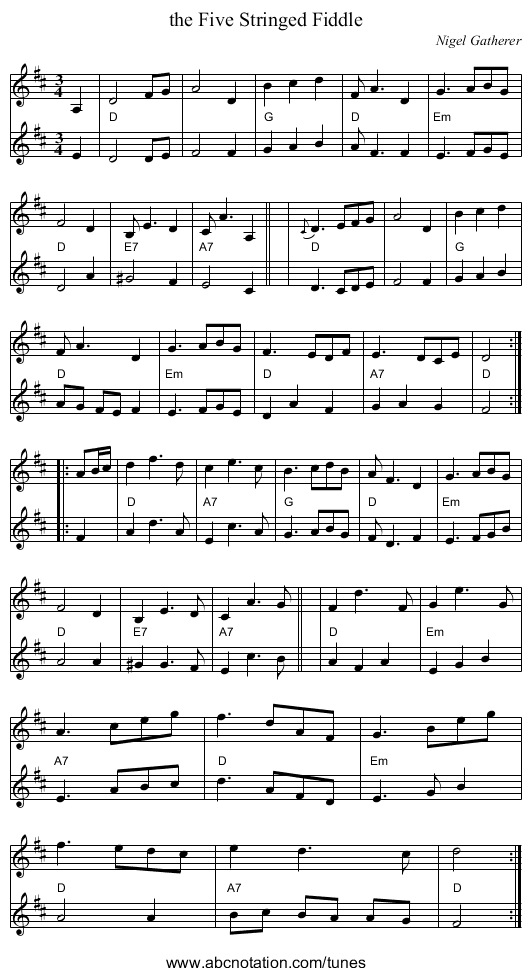 the Five Stringed Fiddle - staff notation