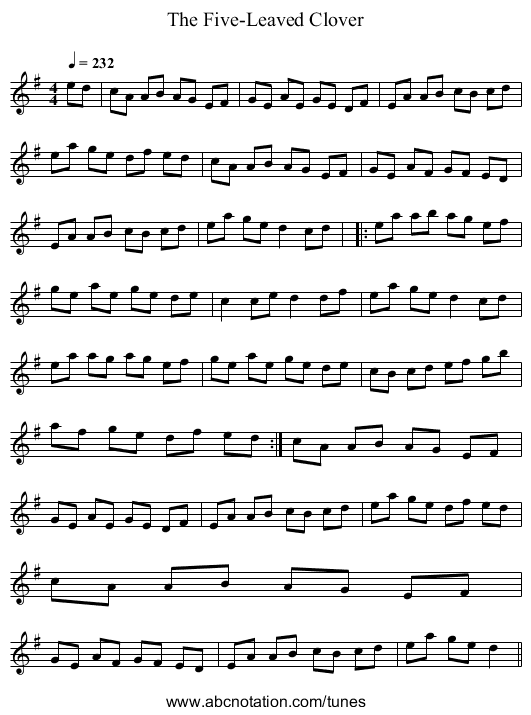 The Five-Leaved Clover - staff notation