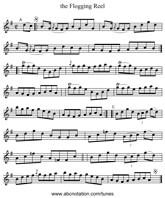 the Flogging Reel - staff notation