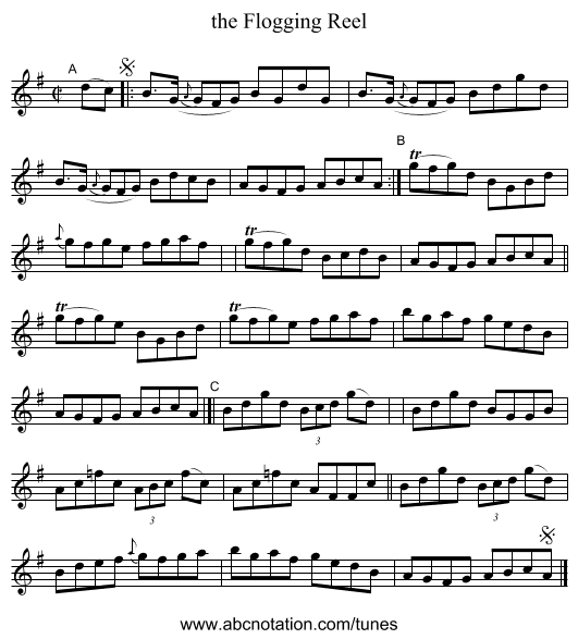 the Flogging Reel - staff notation