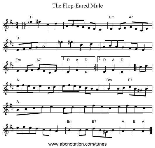 The Flop-Eared Mule - staff notation