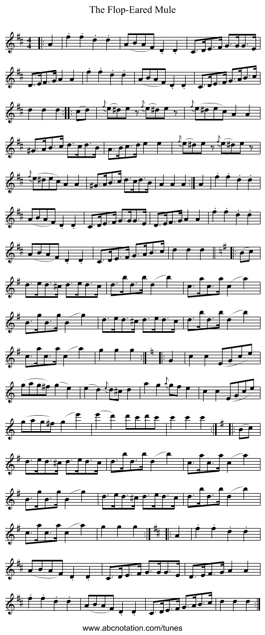 The Flop-Eared Mule - staff notation