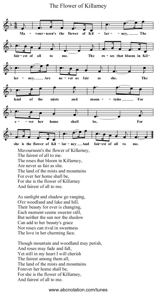 The Flower of Killarney - staff notation