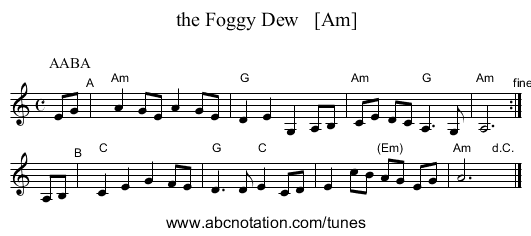 the Foggy Dew   [Am] - staff notation