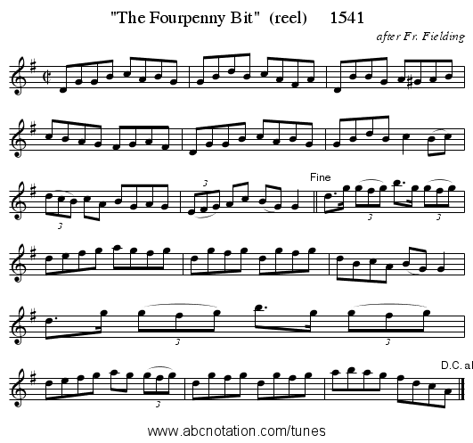 The Fourpenny Bit (reel) 1541 - staff notation