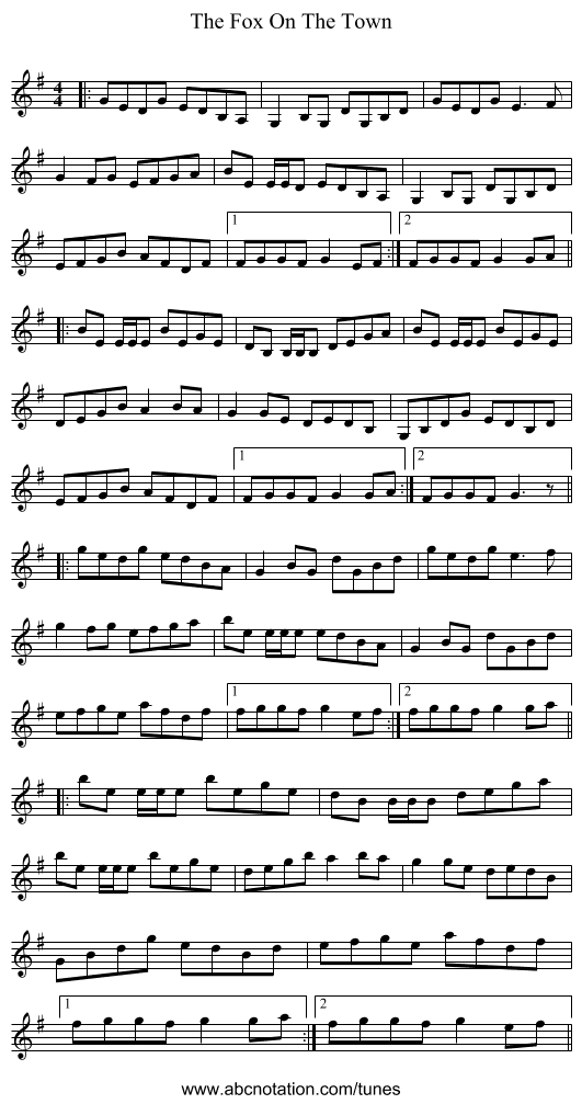 The Fox On The Town - staff notation