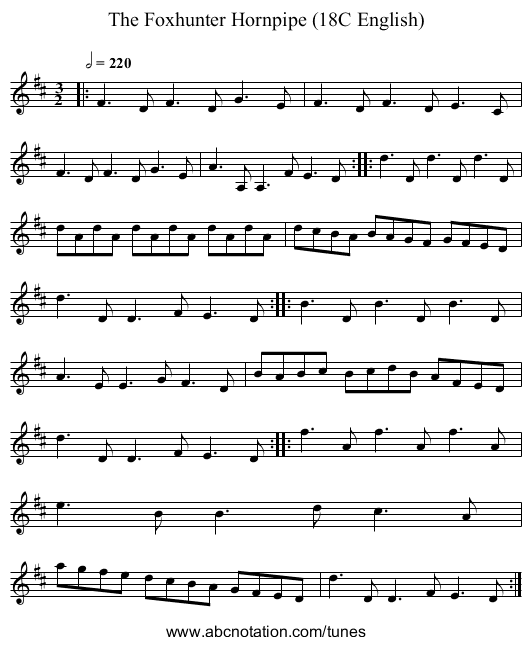 The Foxhunter Hornpipe (18C English) - staff notation