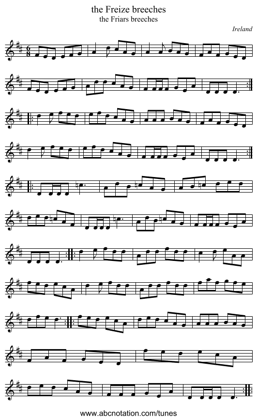 the Freize breeches - staff notation