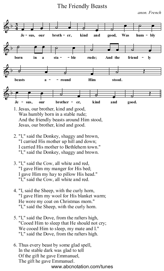 The Friendly Beasts - staff notation