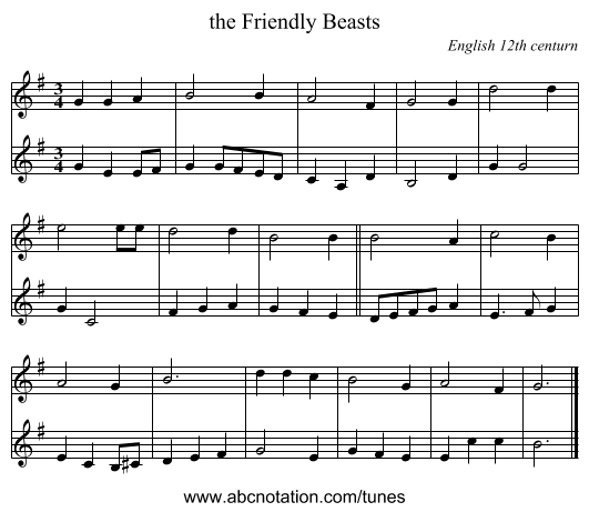 the Friendly Beasts - staff notation