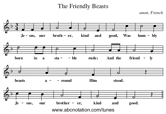The Friendly Beasts - staff notation