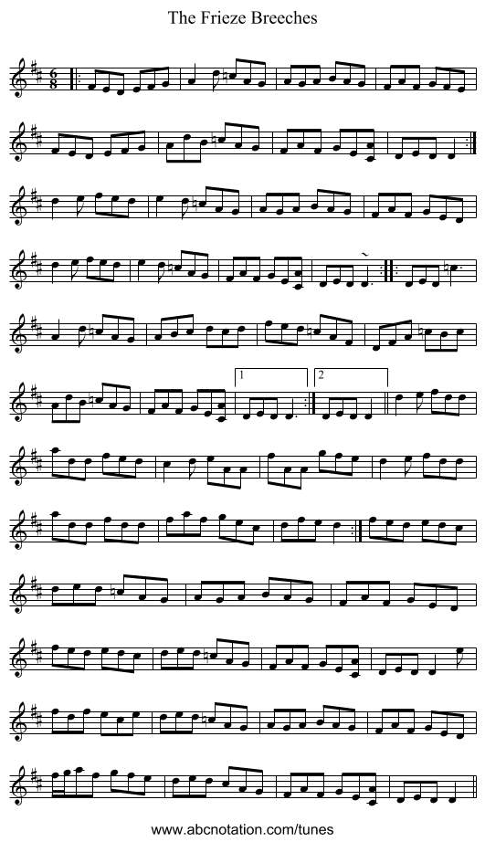 The Frieze Breeches - staff notation