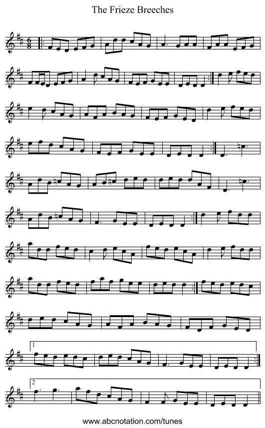 The Frieze Breeches - staff notation