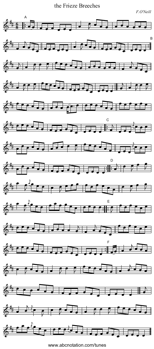 the Frieze Breeches - staff notation