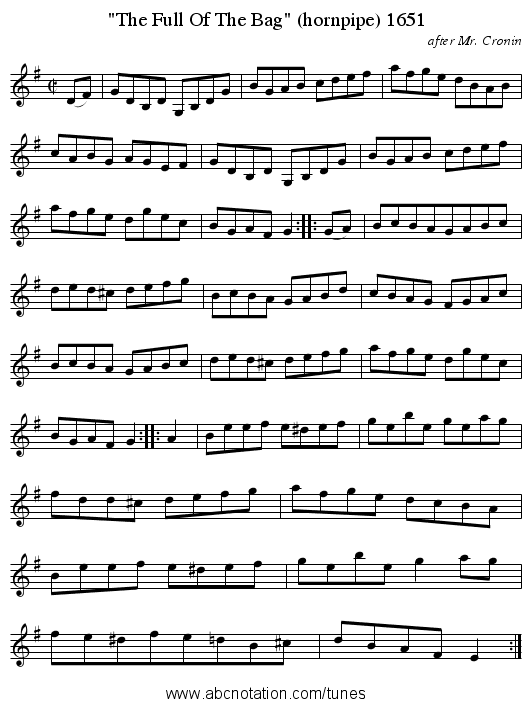 The Full Of The Bag (hornpipe) 1651 - staff notation