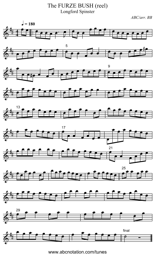 The FURZE BUSH (reel) - staff notation