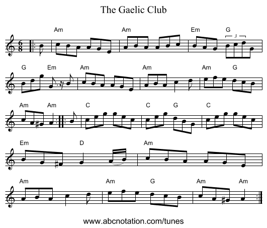 The Gaelic Club - staff notation