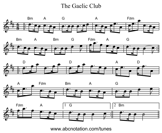 The Gaelic Club - staff notation
