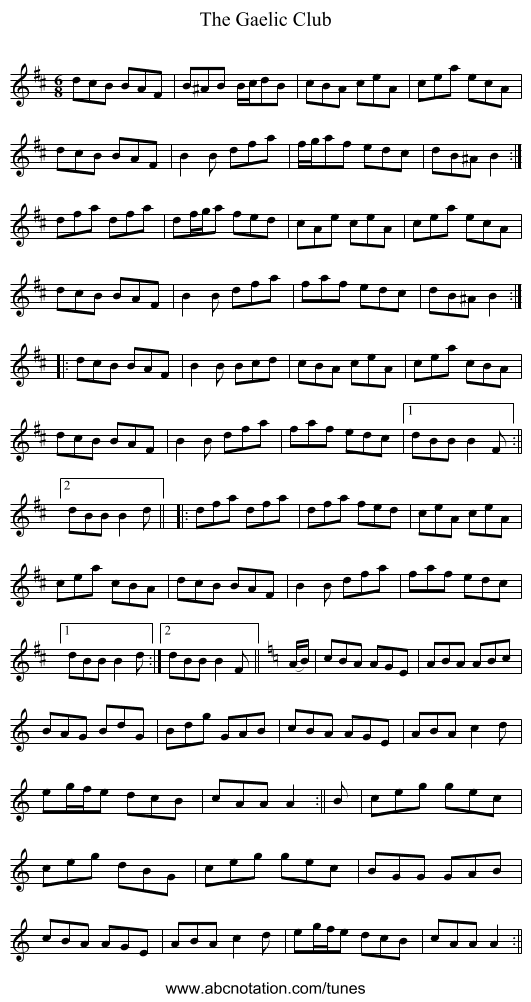 The Gaelic Club - staff notation