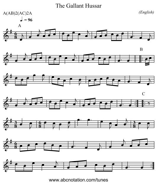 The Gallant Hussar - staff notation