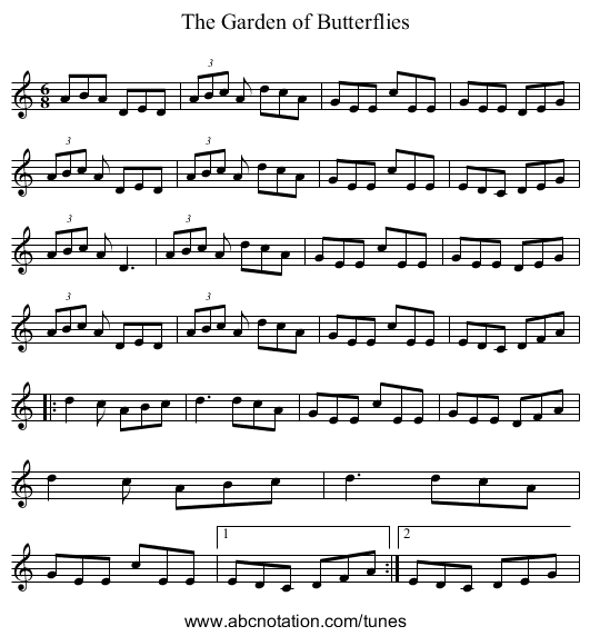 The Garden of Butterflies - staff notation