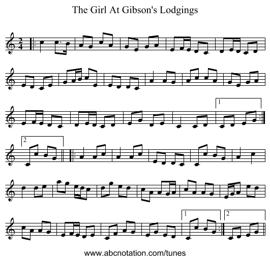 The Girl At Gibson's Lodgings - staff notation