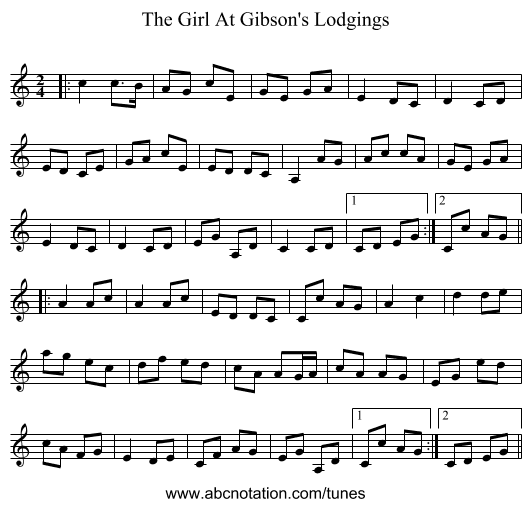 The Girl At Gibson's Lodgings - staff notation