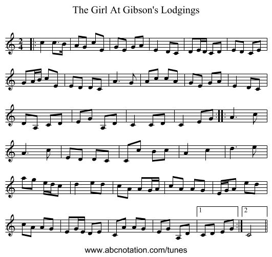 The Girl At Gibson's Lodgings - staff notation