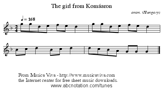 The girl from Kom&aacute;aron - staff notation