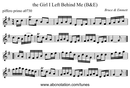 the Girl I Left Behind Me (B&E) - staff notation