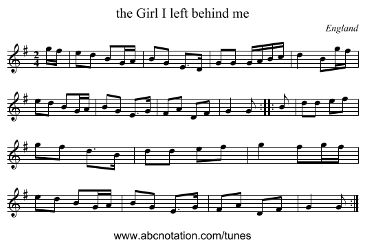 the Girl I left behind me - staff notation