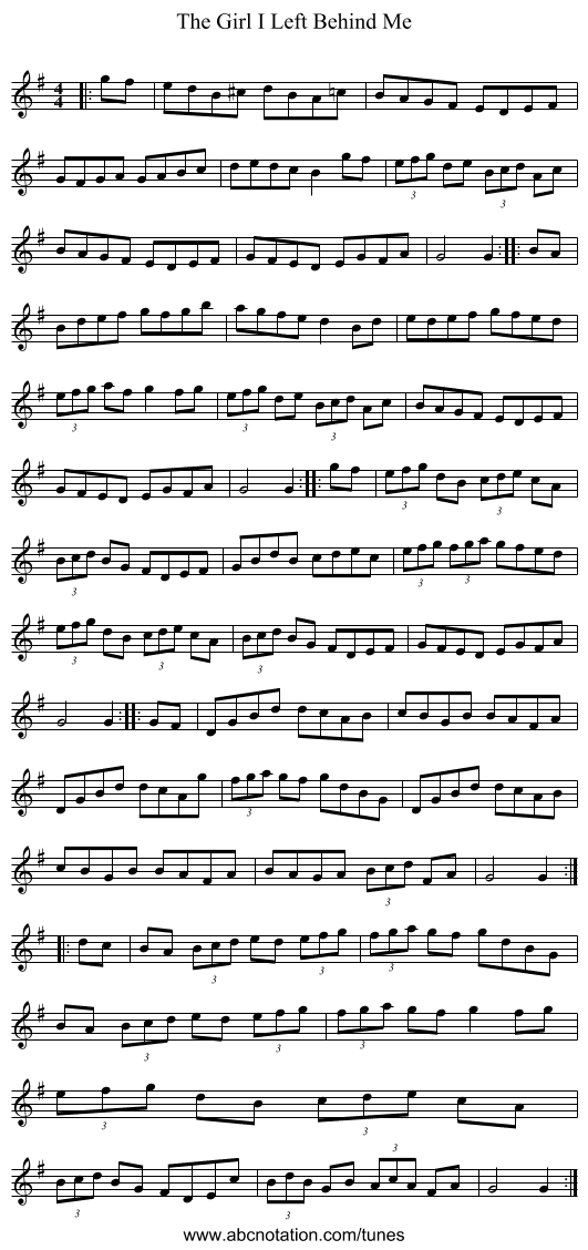 The Girl I Left Behind Me - staff notation