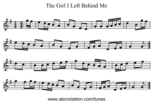 The Girl I Left Behind Me - staff notation