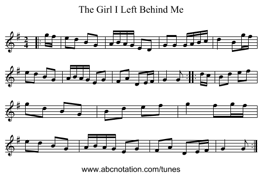 The Girl I Left Behind Me - staff notation