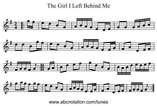 The Girl I Left Behind Me - staff notation