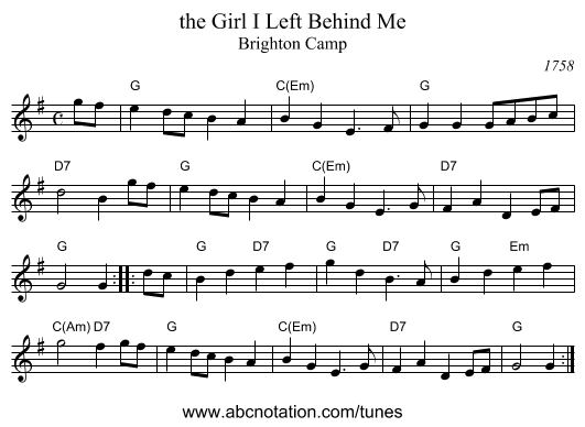 the Girl I Left Behind Me - staff notation