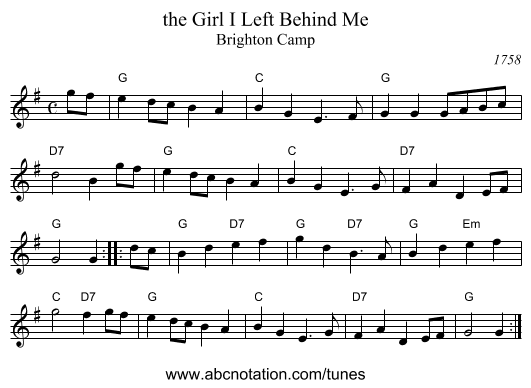 the Girl I Left Behind Me - staff notation