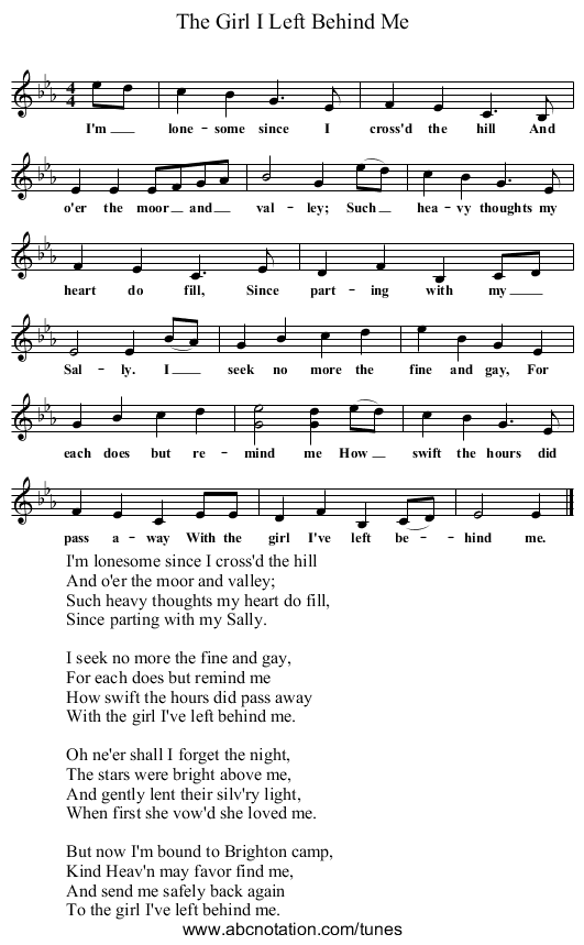 The Girl I Left Behind Me - staff notation