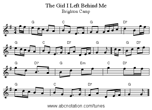 The Girl I Left Behind Me - staff notation